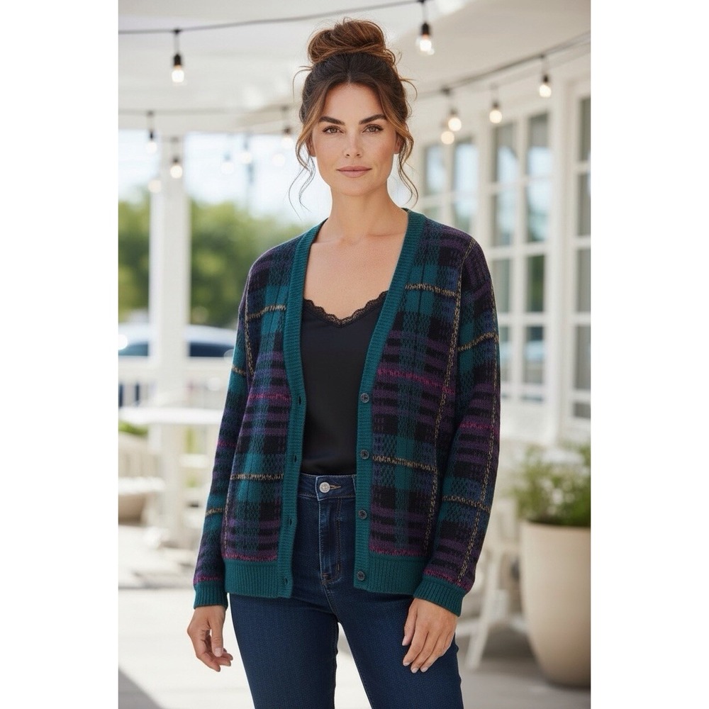 Vintage Granny Cardigan Sweater Womens Large Plaid Color Block Alfred Dunner